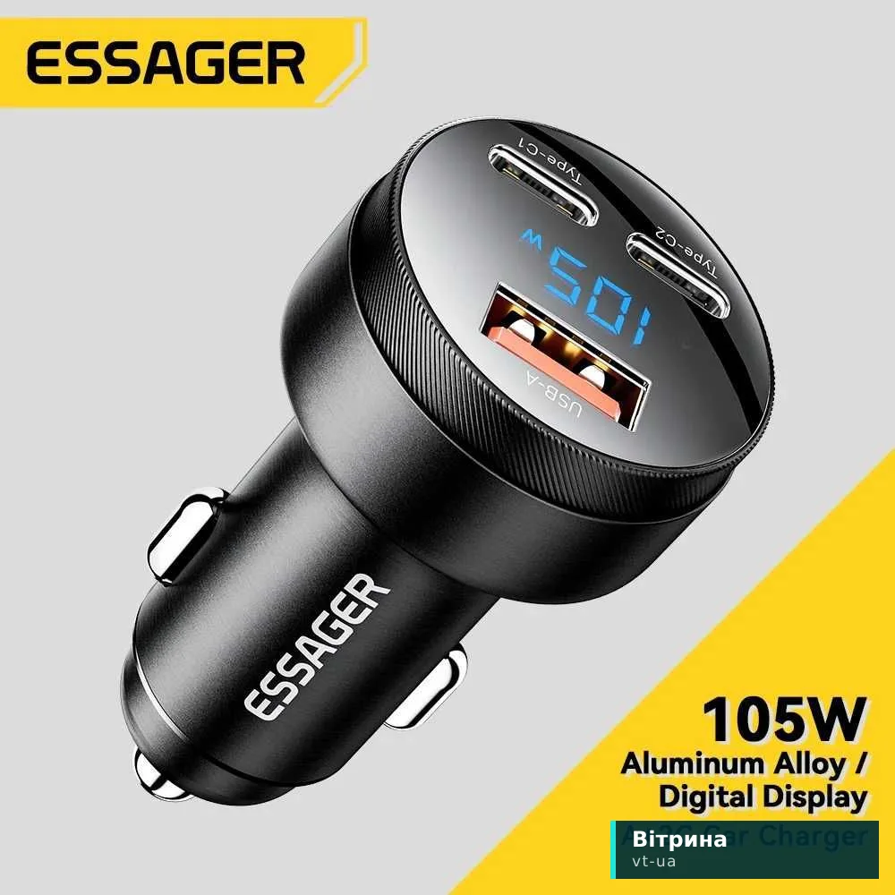 Автозарядка Essager 105W з Дисплеєм! Зарядка для телефона iPhone 17 16 15 14 pro MacBook Huawei Xiaomi Samsung OPPO